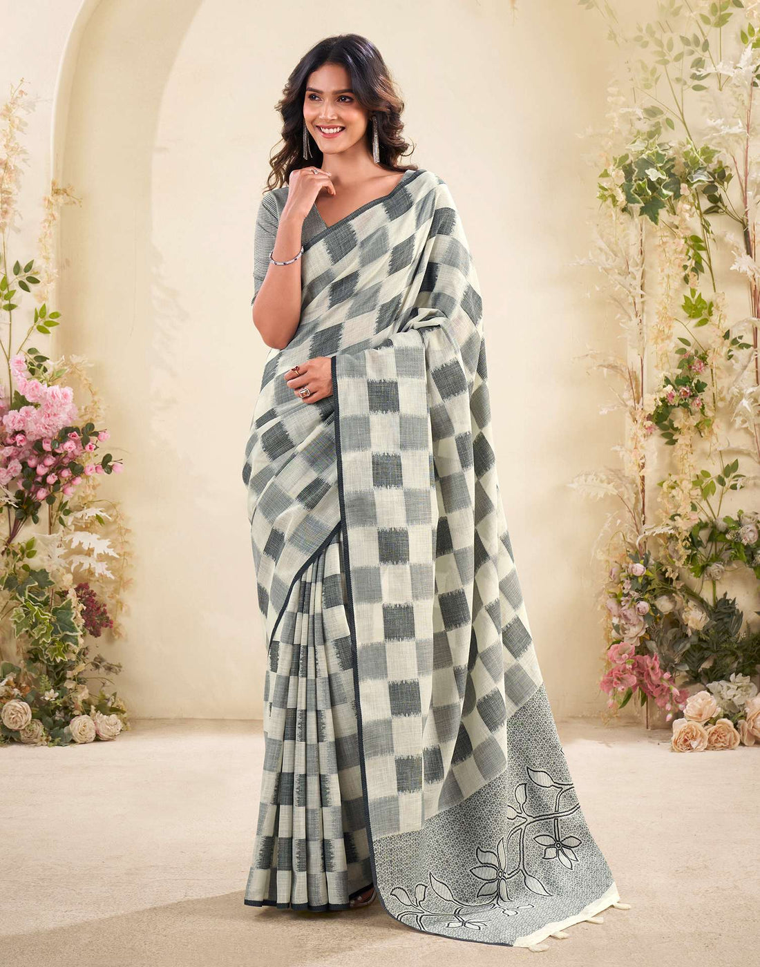 Off White Silk Woven Saree
