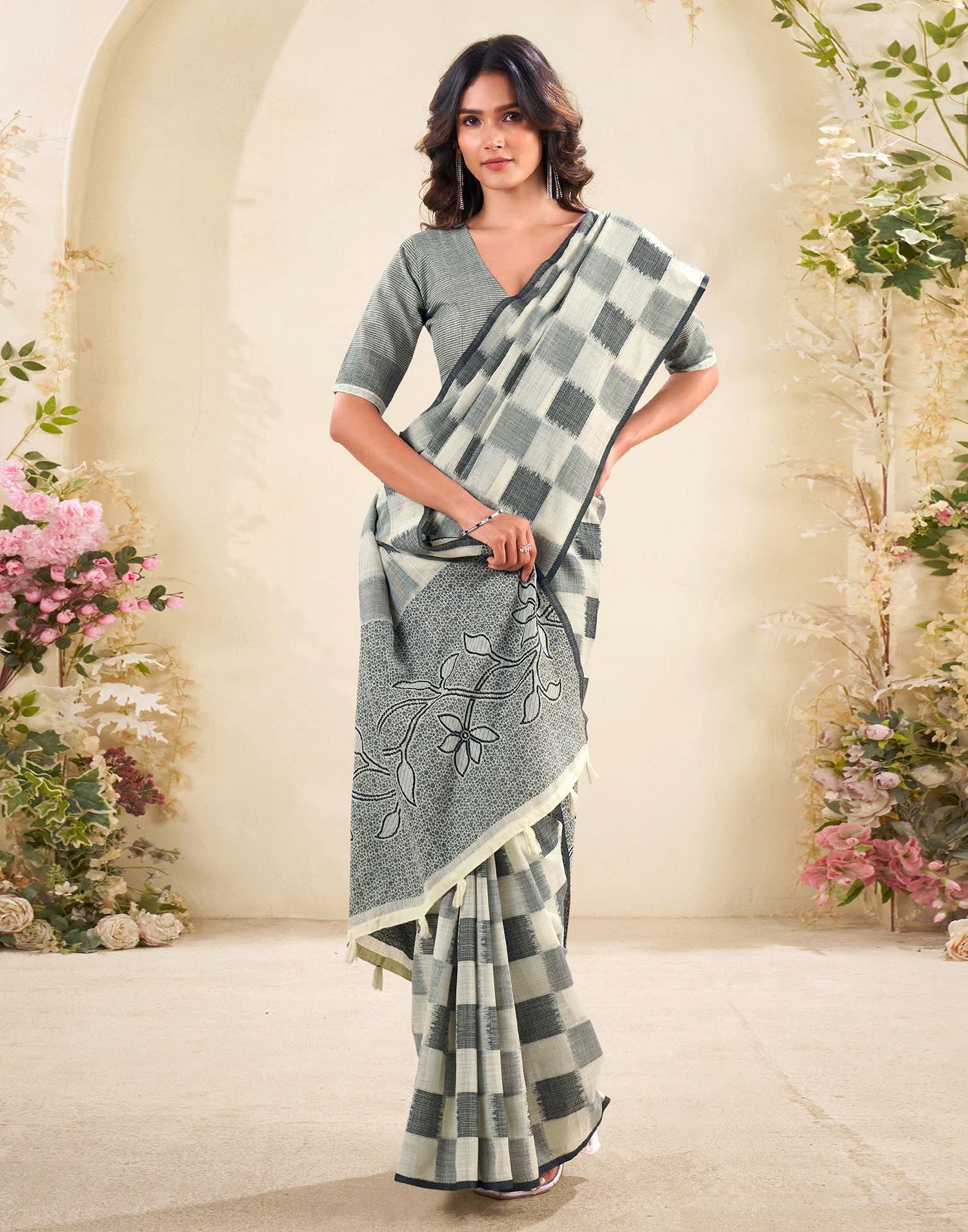 Off White Silk Woven Saree
