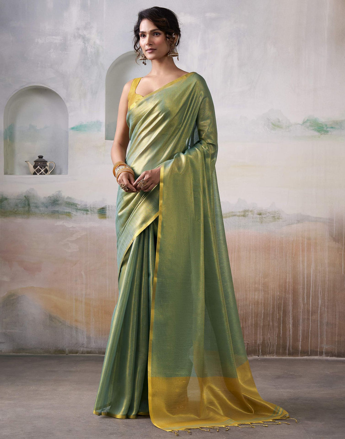 Teal Green Tissue Silk Woven Plain Saree