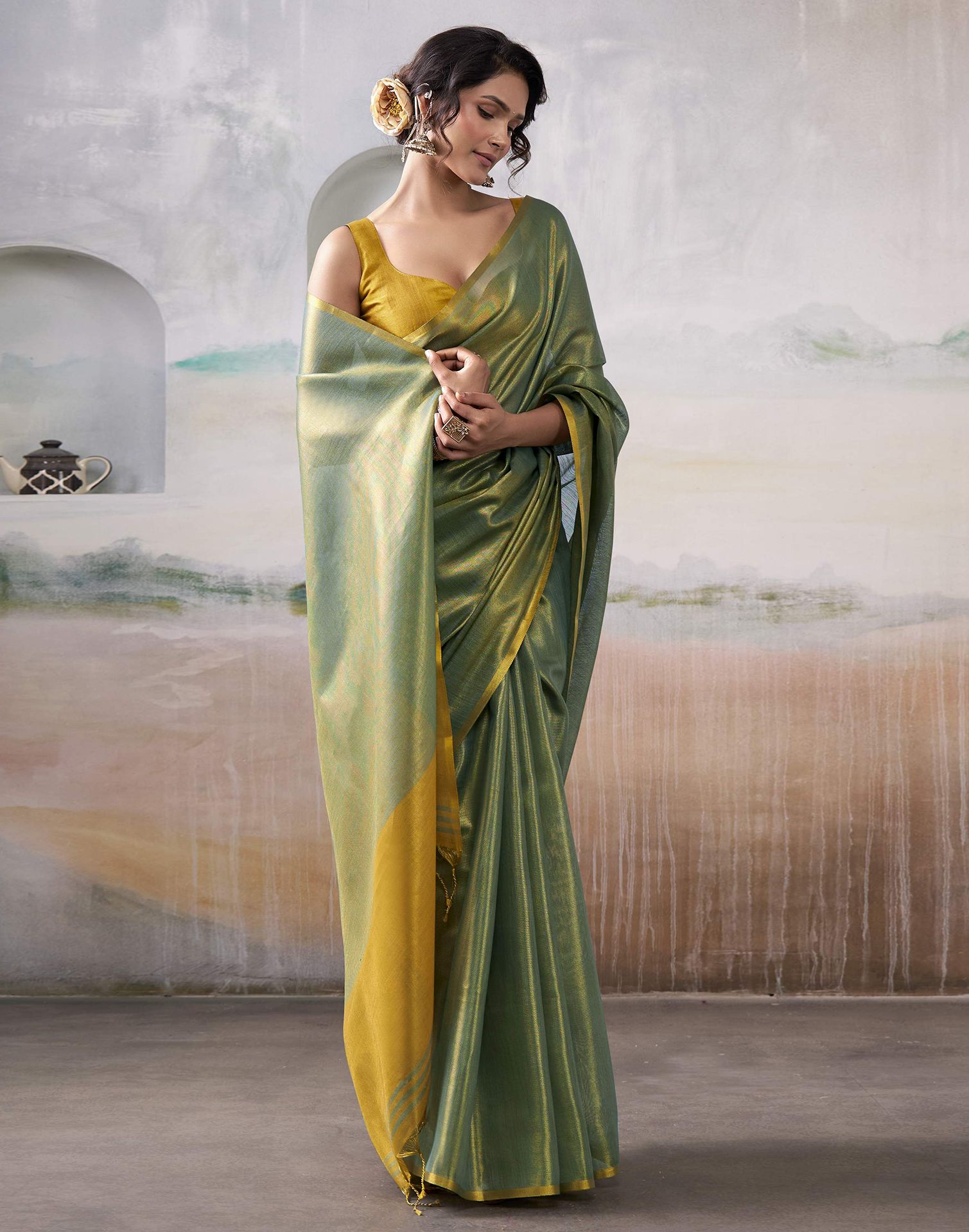 Teal Green Tissue Silk Woven Plain Saree