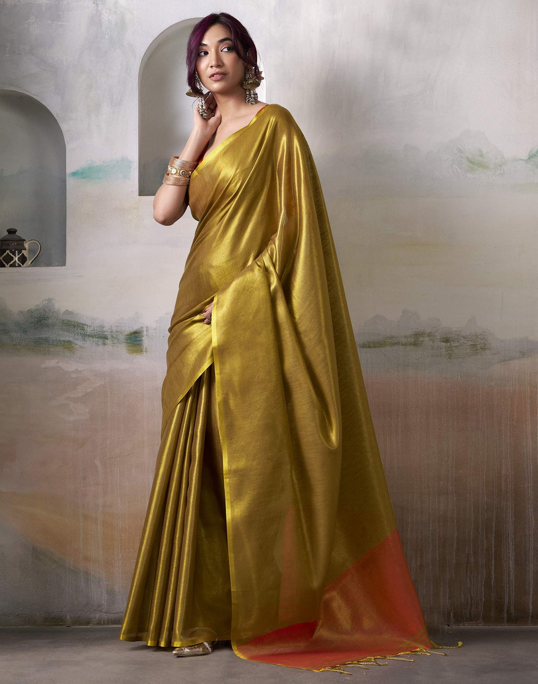 Orange Tissue Silk Woven Plain Saree