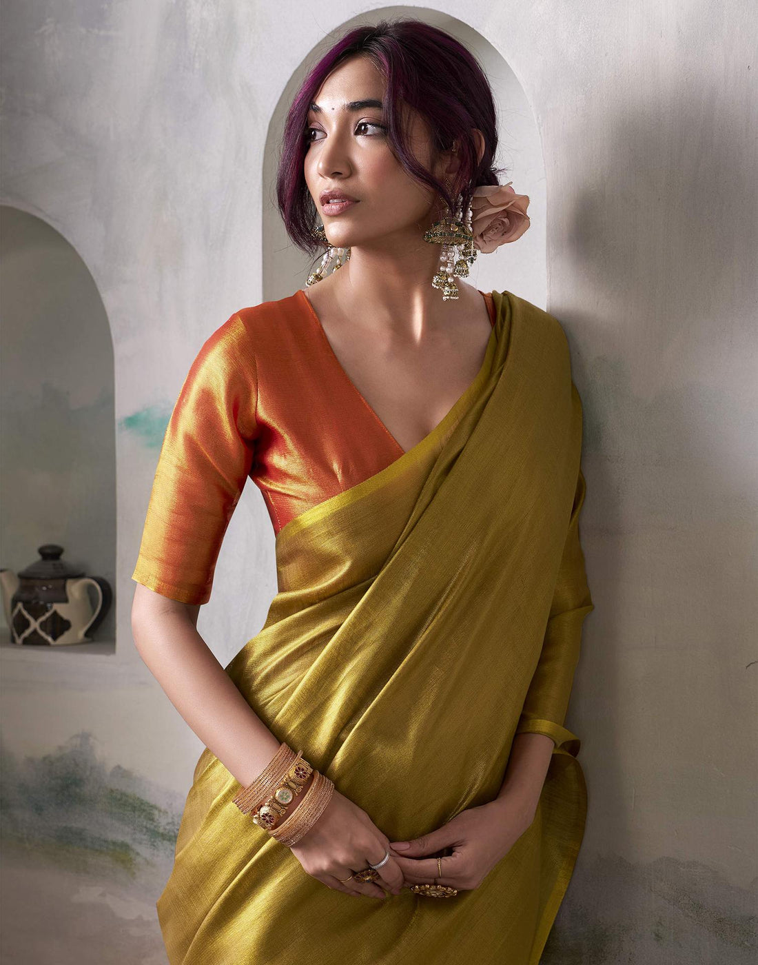 Orange Tissue Silk Woven Plain Saree