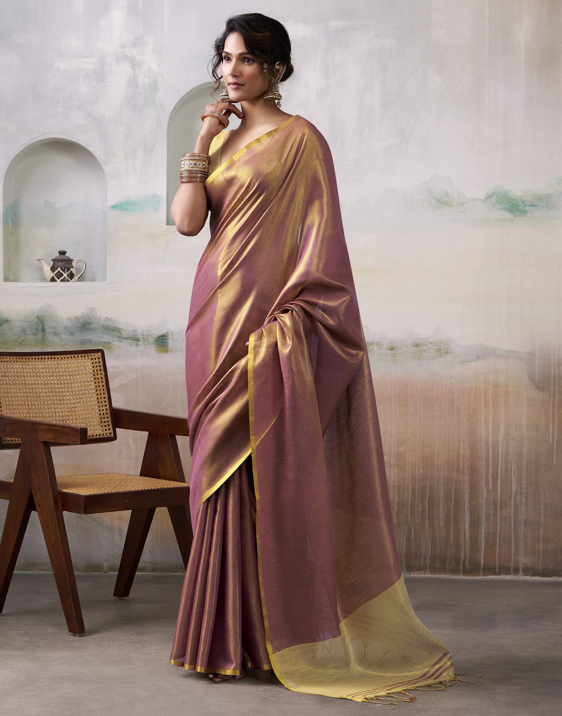 Magenta Tissue Silk Woven Plain Saree