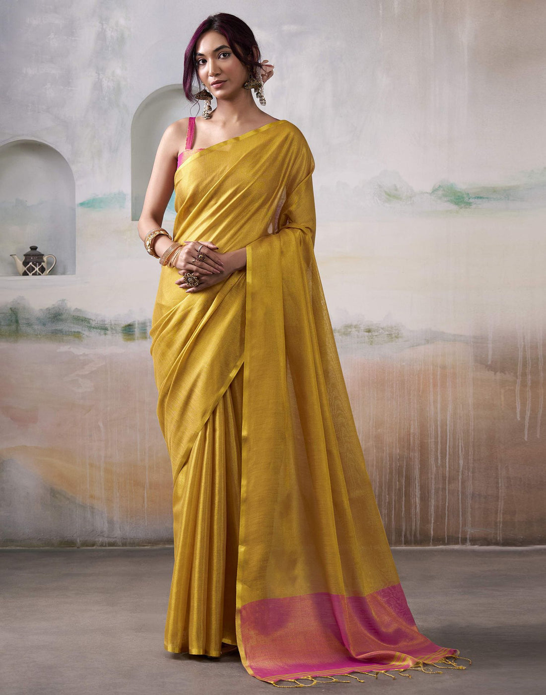 Mustard Yellow Tissue Silk Woven Plain Saree