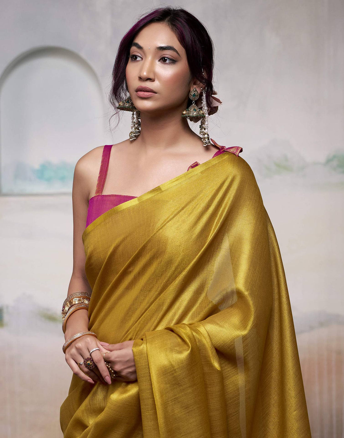 Mustard Yellow Tissue Silk Woven Plain Saree