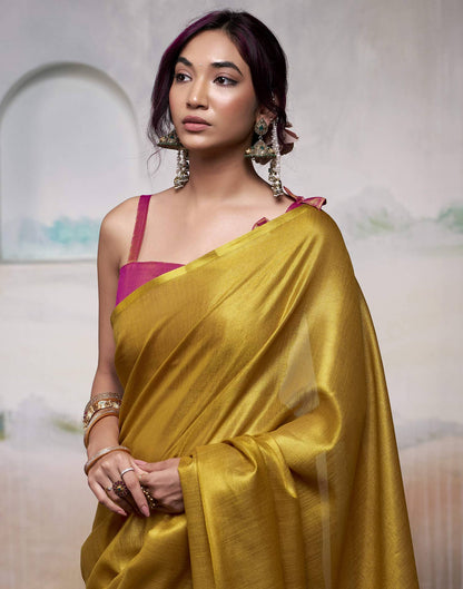 Mustard Yellow Tissue Silk Woven Plain Saree