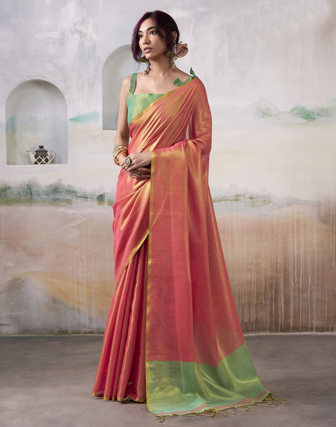 Salmon Orange Tissue Silk Woven Plain Saree