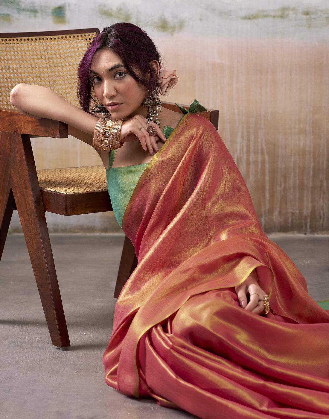 Salmon Orange Tissue Silk Woven Plain Saree