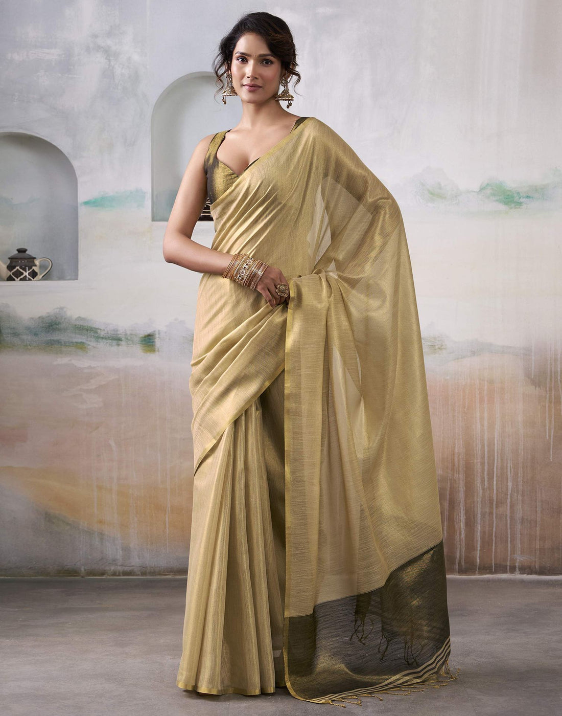 Khaki Tissue Silk Woven Plain Saree