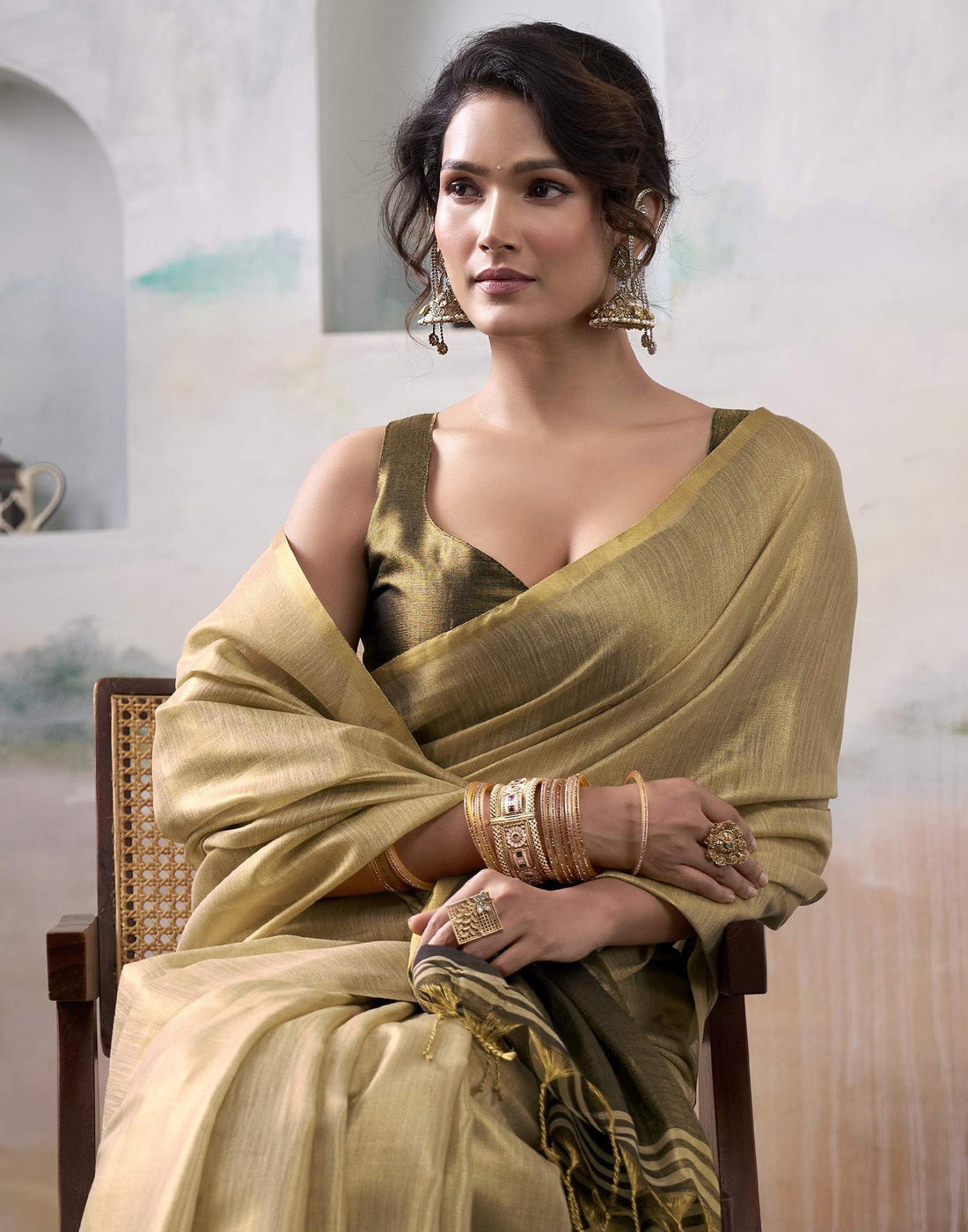 Khaki Tissue Silk Woven Plain Saree