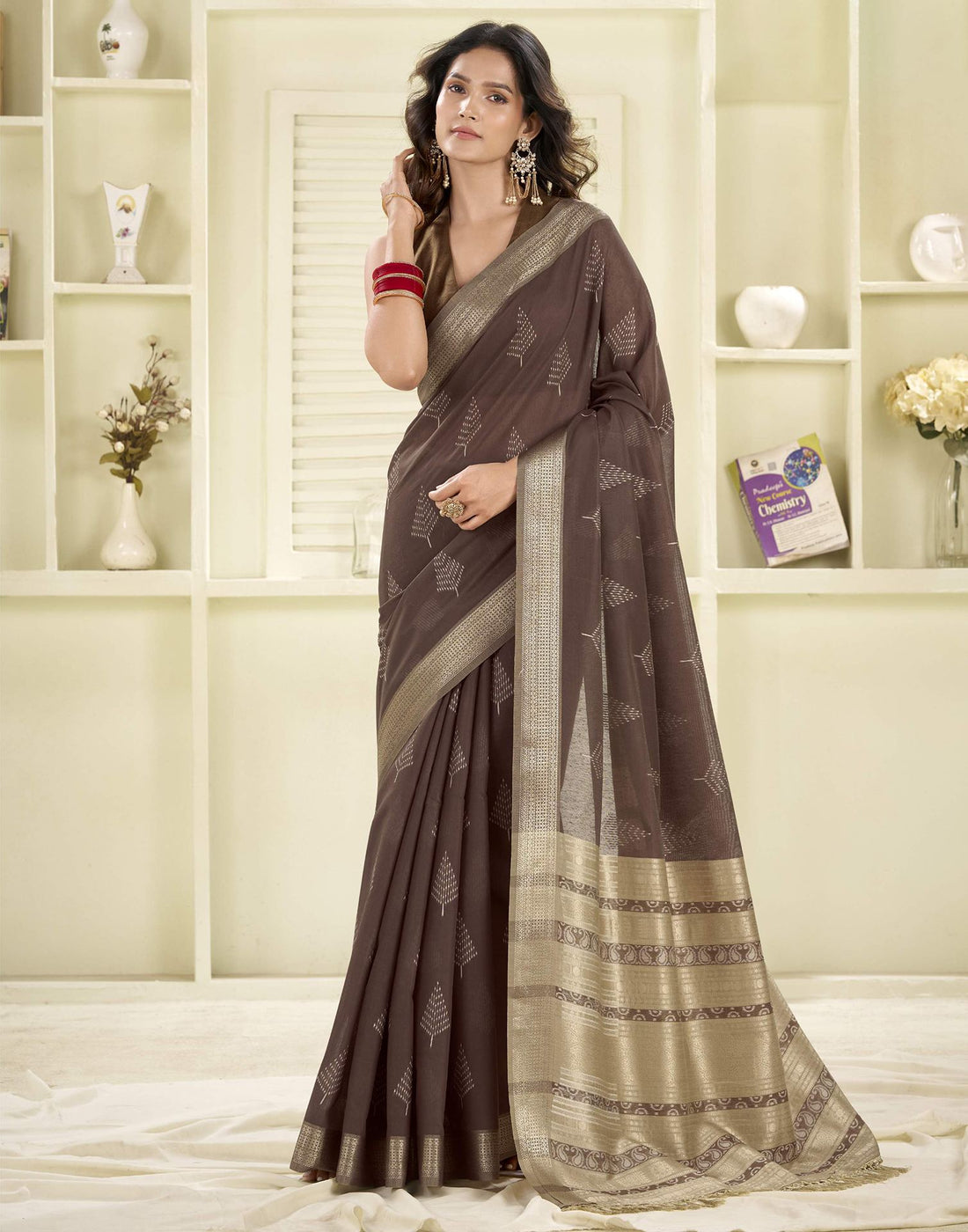Brown Cotton Woven Saree