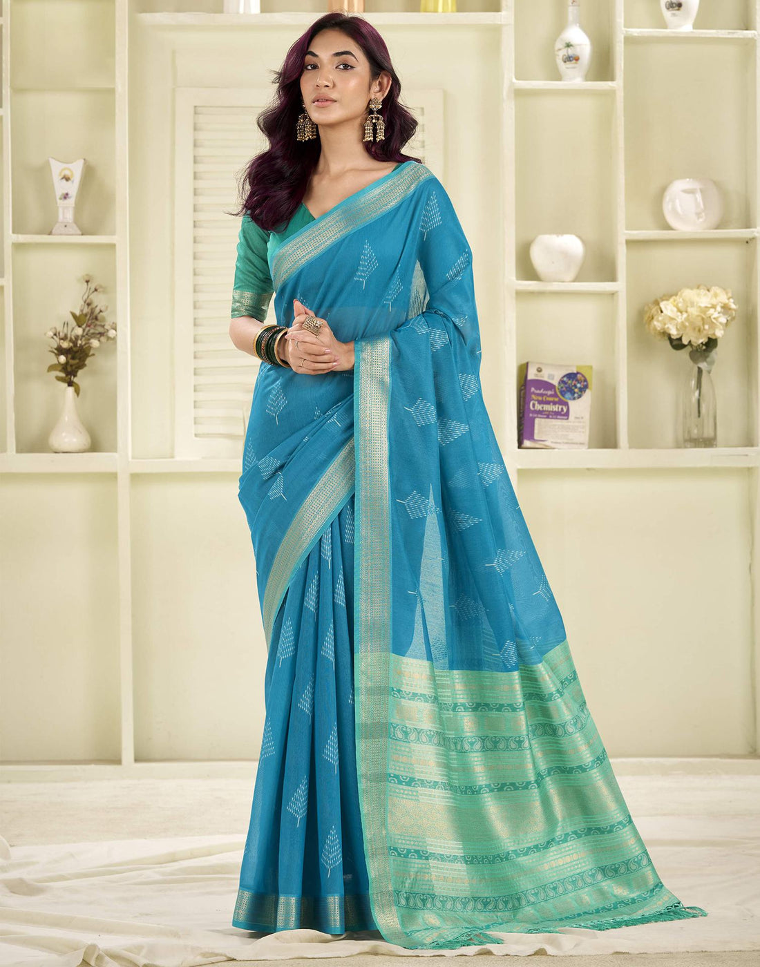 Teal Blue Cotton Woven Saree
