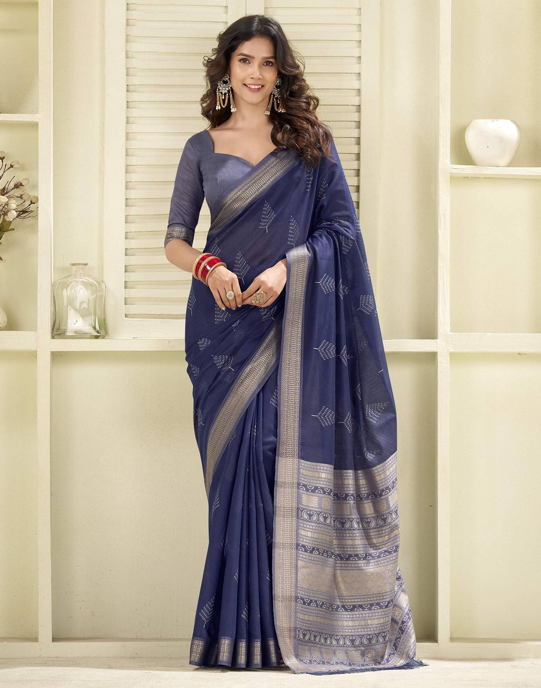 Navy Blue Cotton Woven Saree