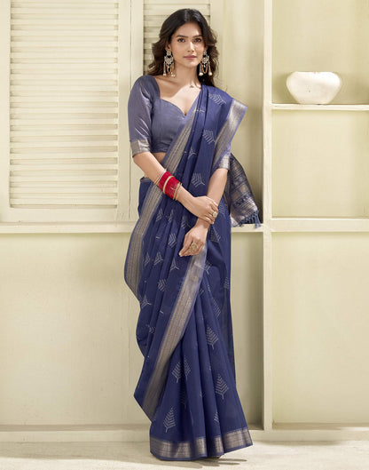 Navy Blue Cotton Woven Saree