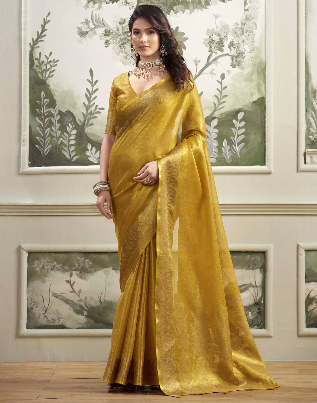 Mustard Yellow Tissue Silk Woven Kanjivaram Saree