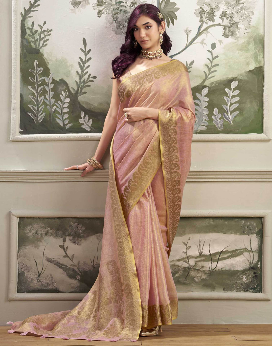 Rose Pink Tissue Silk Woven Kanjivaram Saree
