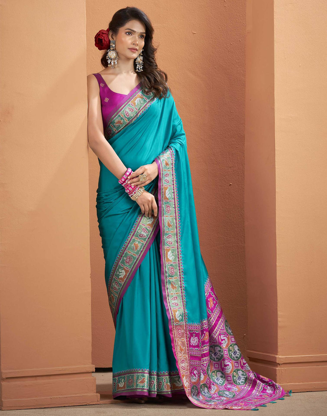 Teal Blue Silk Woven Patola Saree