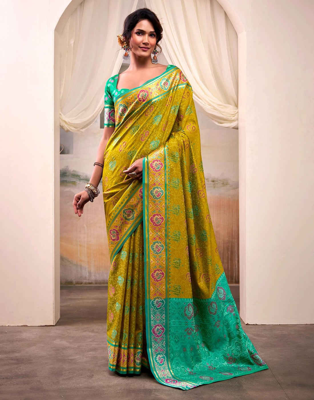 Mustard Green Silk Woven Patola Saree