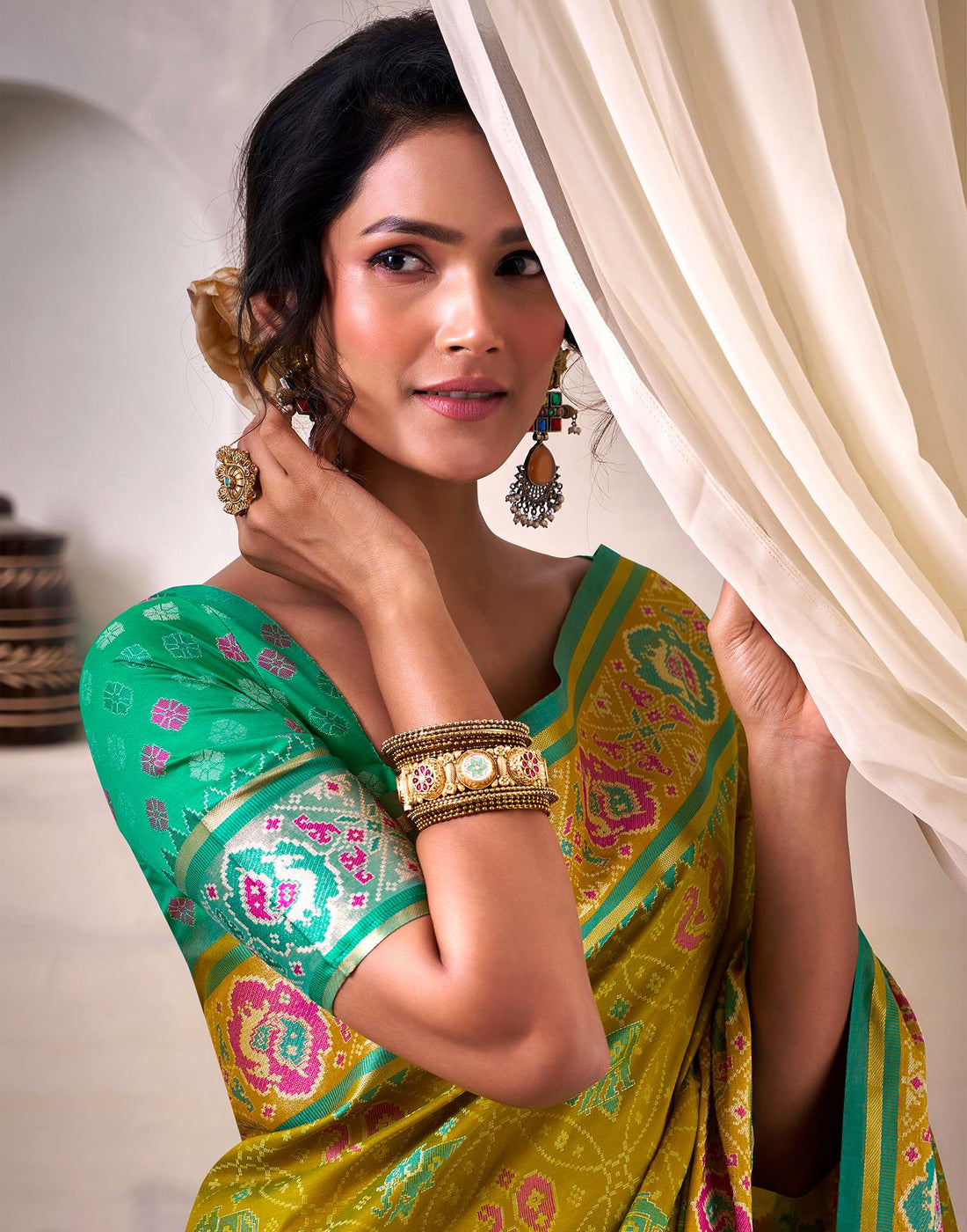 Mustard Green Silk Woven Patola Saree