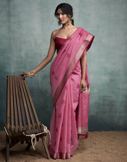 Pink Cotton Woven Saree