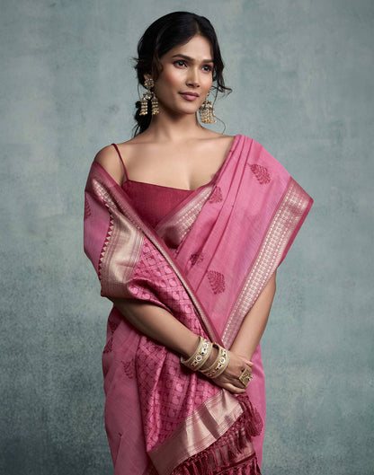 Pink Cotton Woven Saree