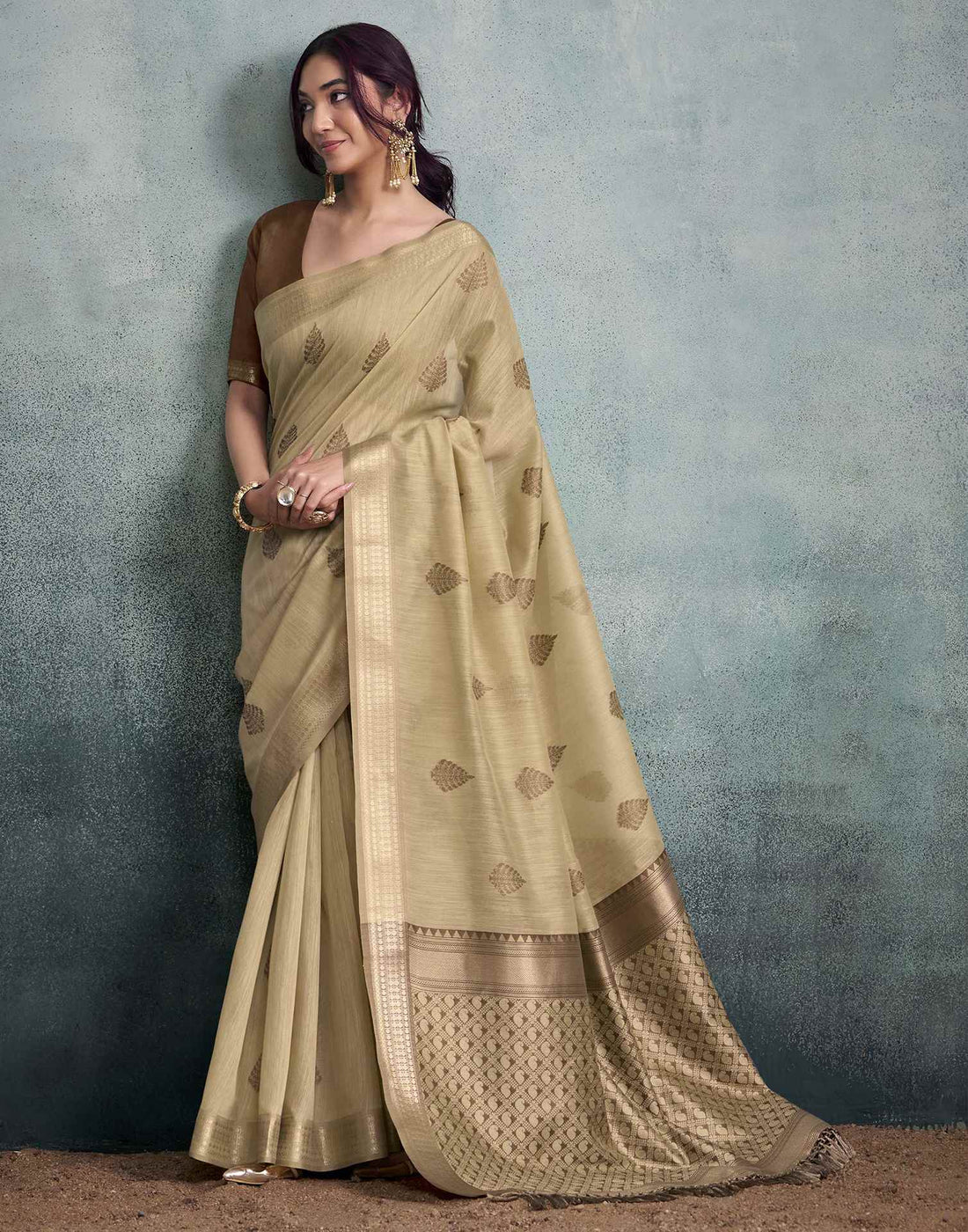 Dark Beige Cotton Woven Saree