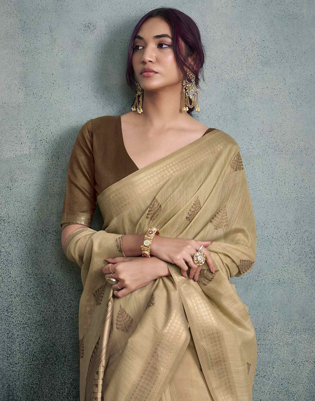Dark Beige Cotton Woven Saree