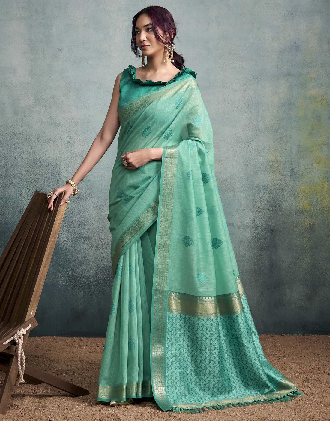Teal Green Cotton Woven Saree