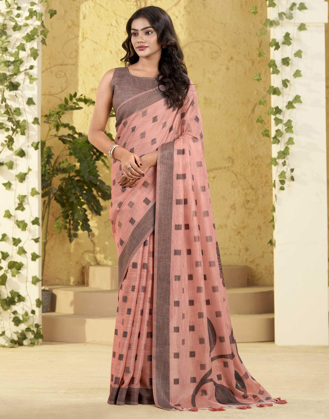 Peach Silk Woven Saree