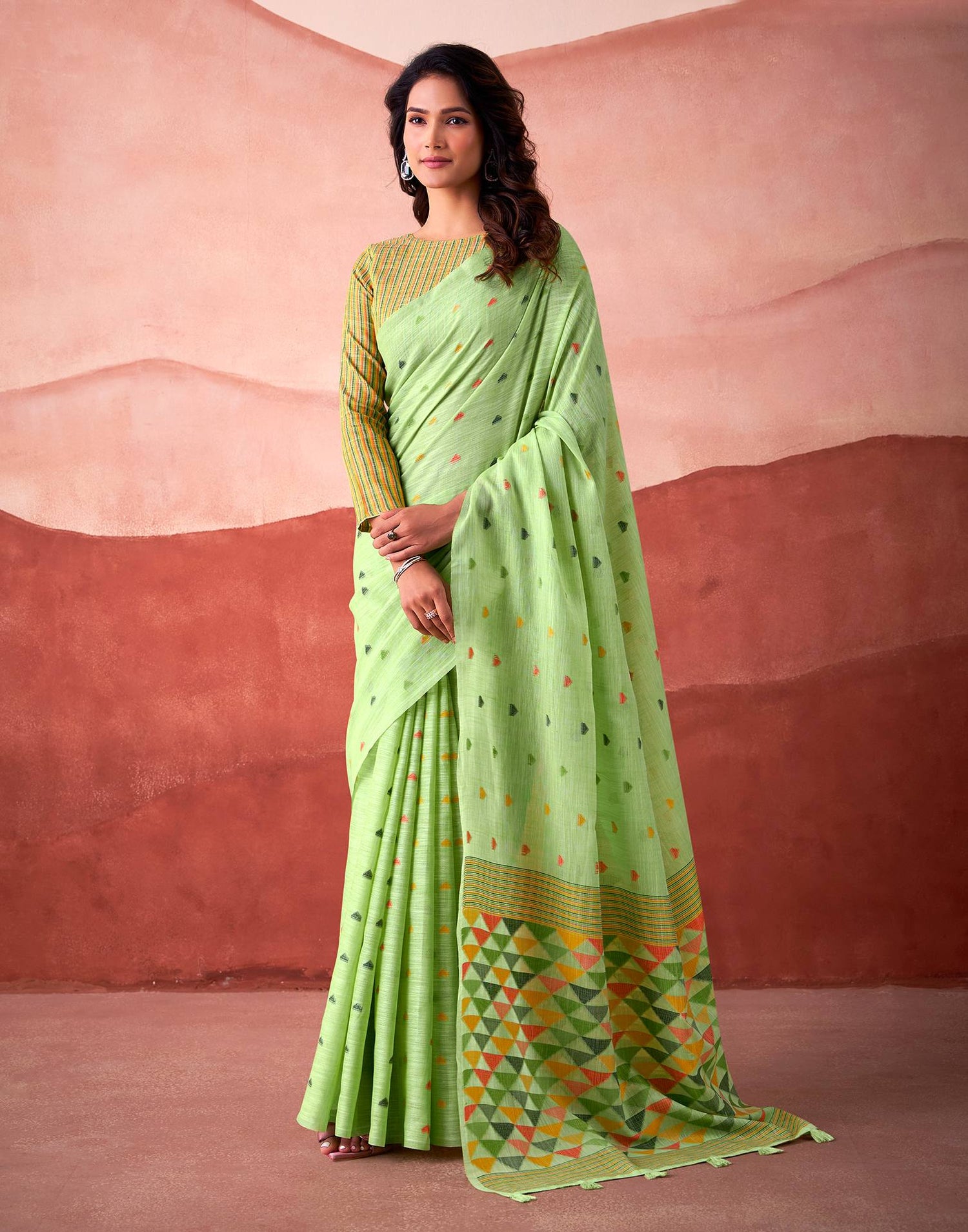 Pista Green Silk Woven Saree