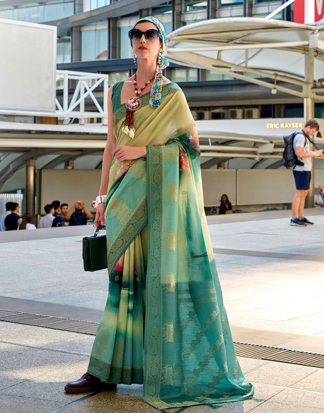 Teal Blue Silk Printed Woven Saree