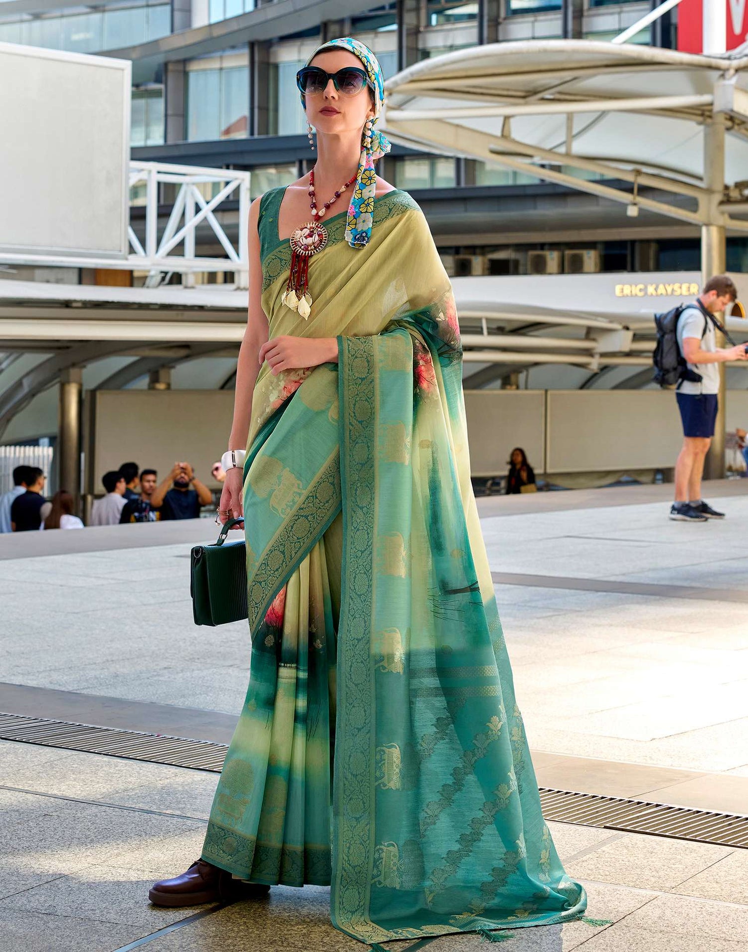Teal Blue Silk Printed Woven Saree