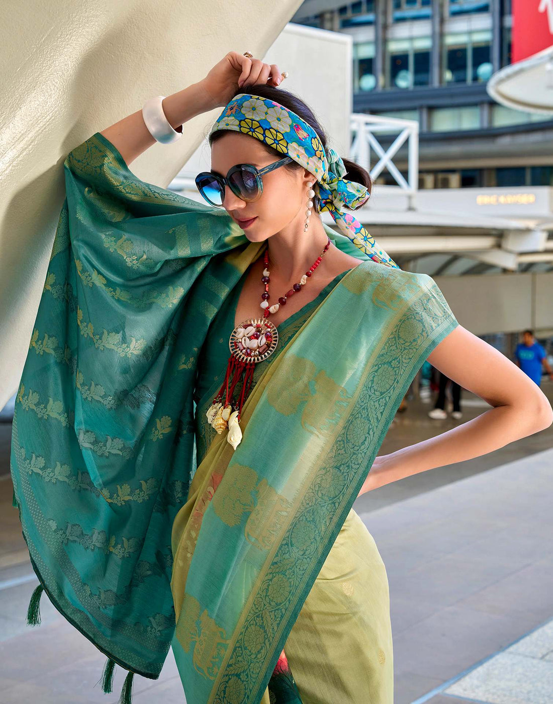 Teal Blue Silk Printed Woven Saree