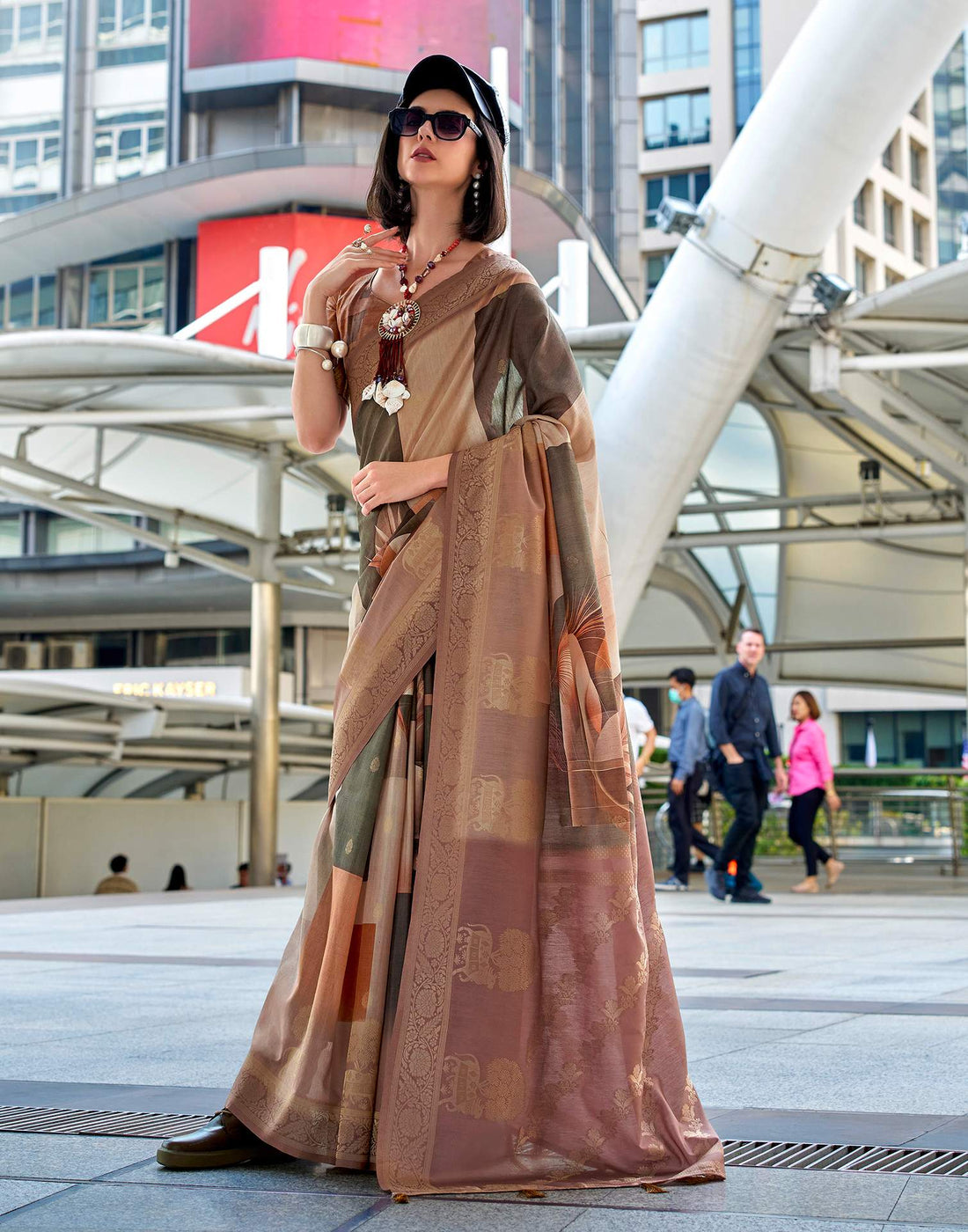 Brown Silk Printed Woven Saree