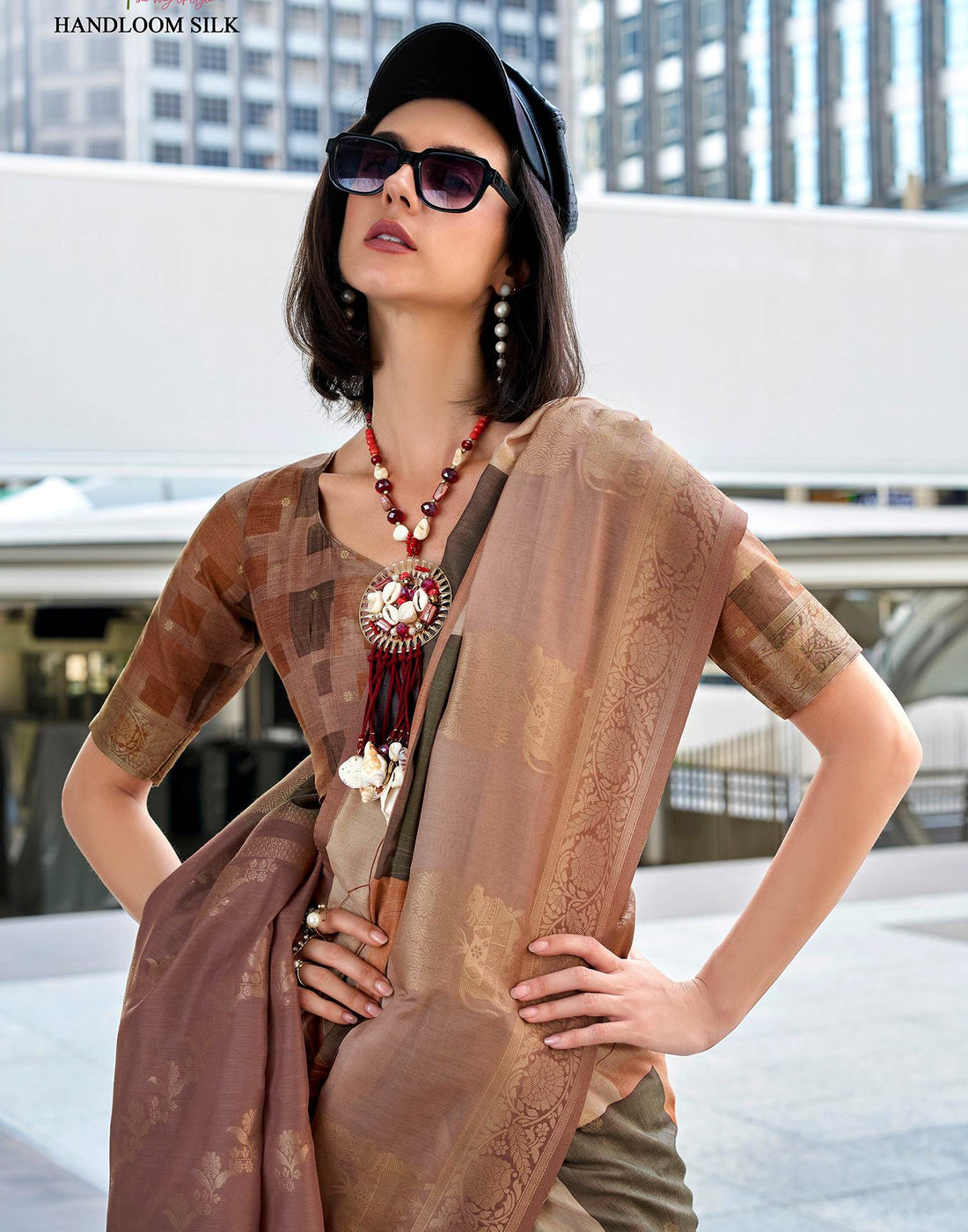 Brown Silk Printed Woven Saree