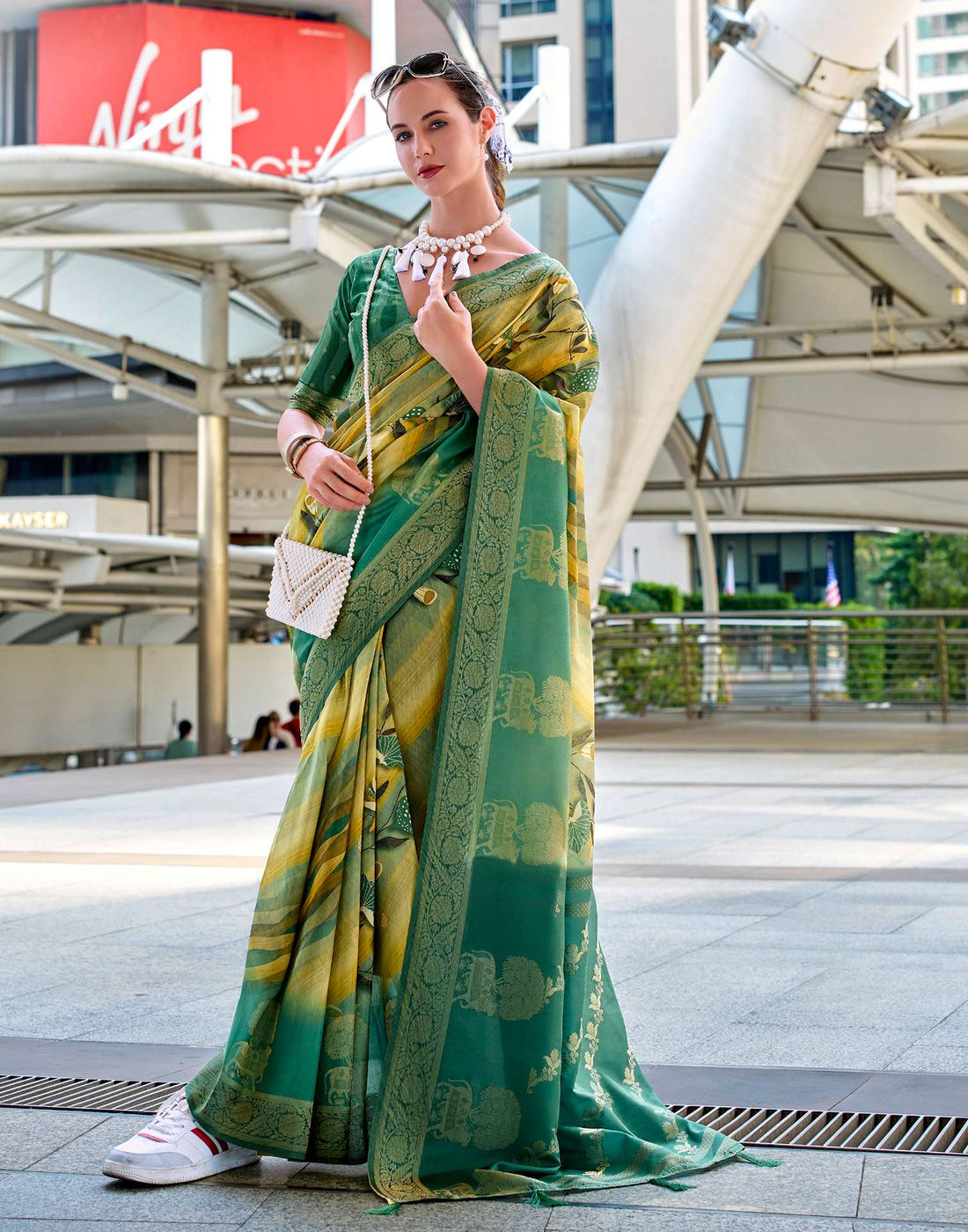 Teal Green Silk Printed Woven Saree