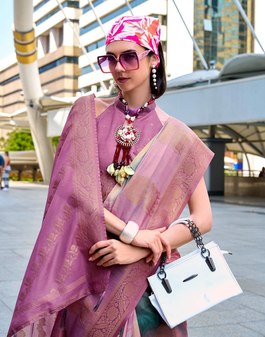 Lavender Silk Printed Woven Saree