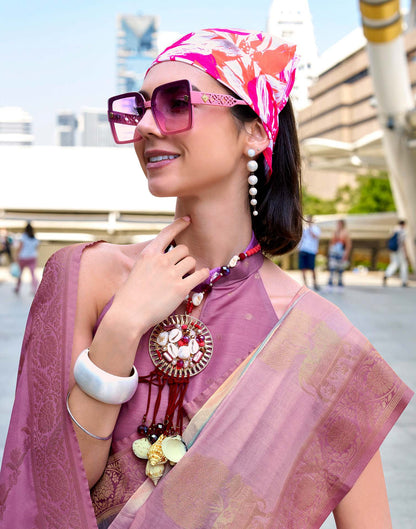 Lavender Silk Printed Woven Saree
