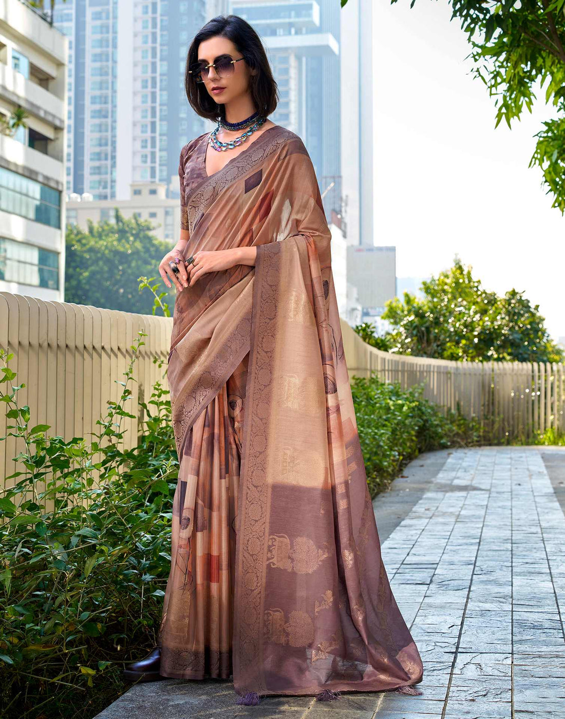 Light Brown Silk Printed Woven Saree