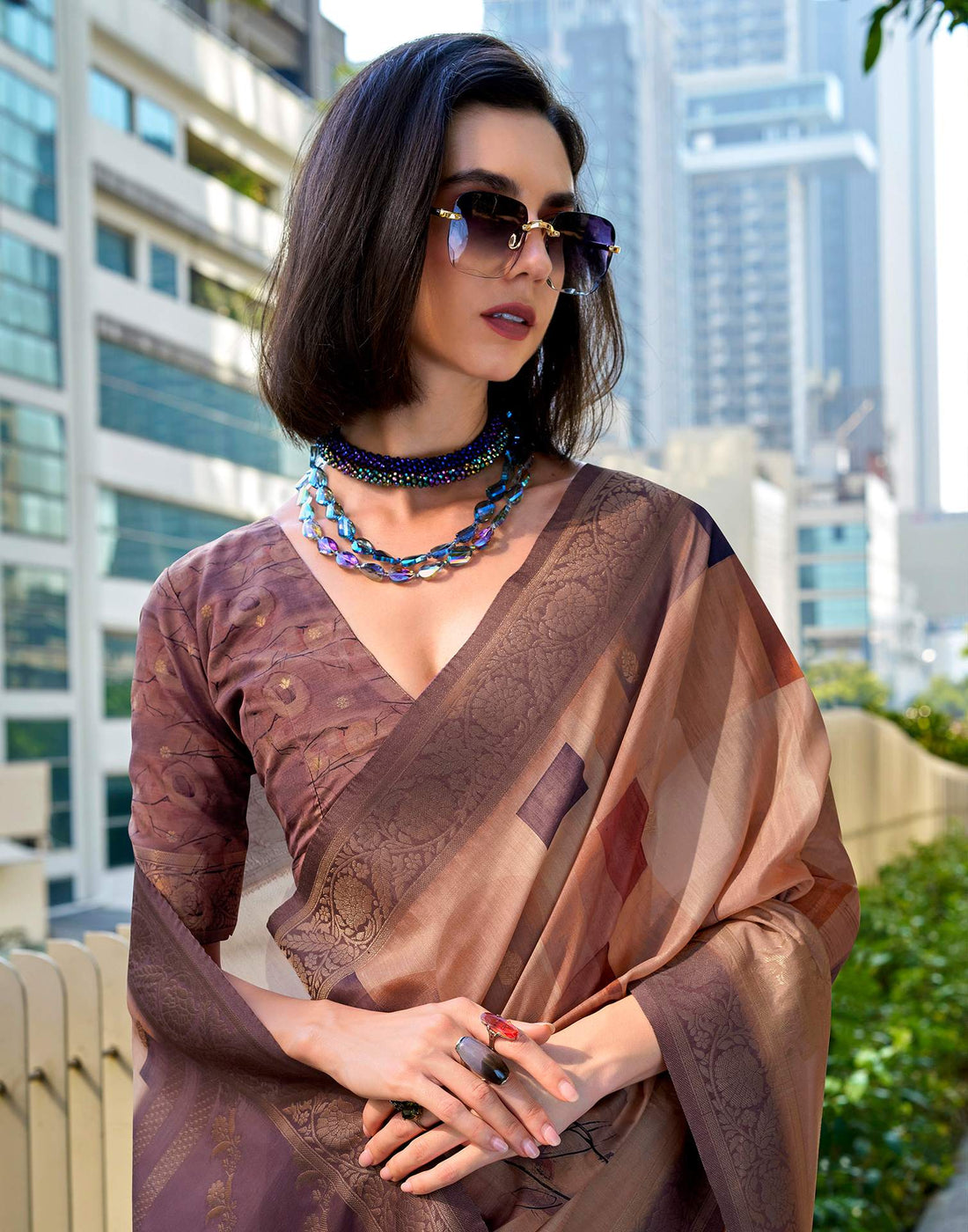 Light Brown Silk Printed Woven Saree