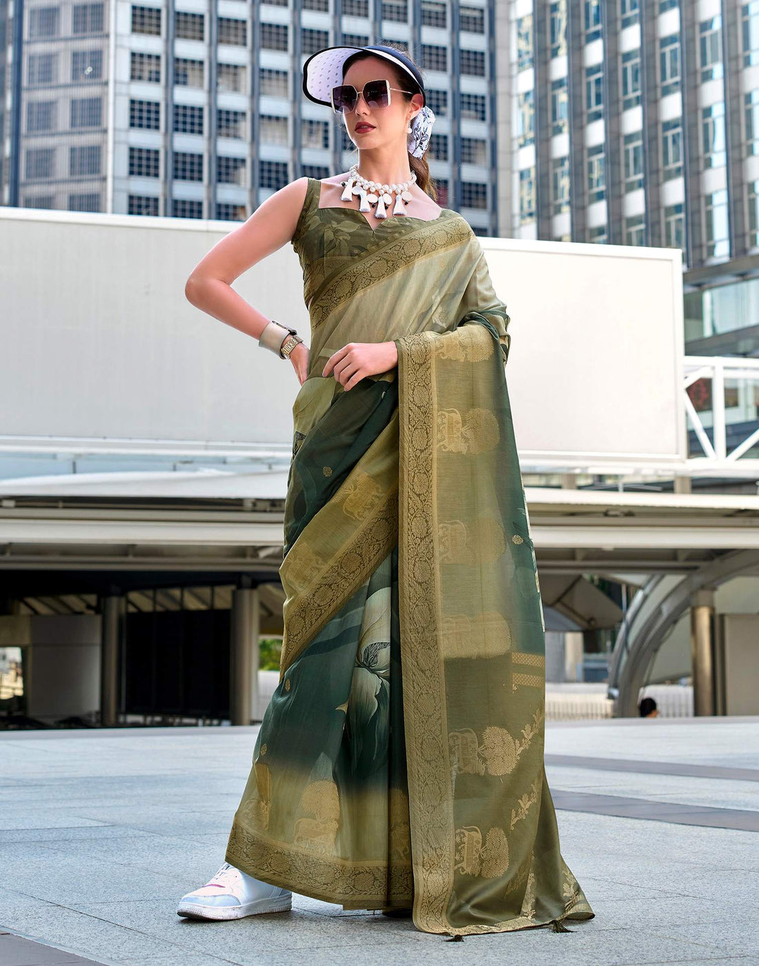 Moss Green Silk Printed Woven Saree
