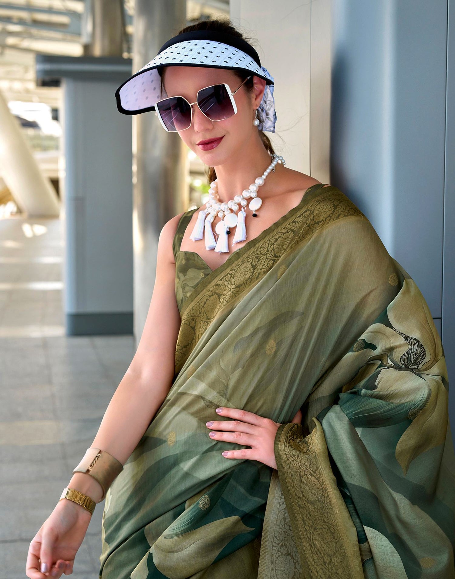 Moss Green Silk Printed Woven Saree