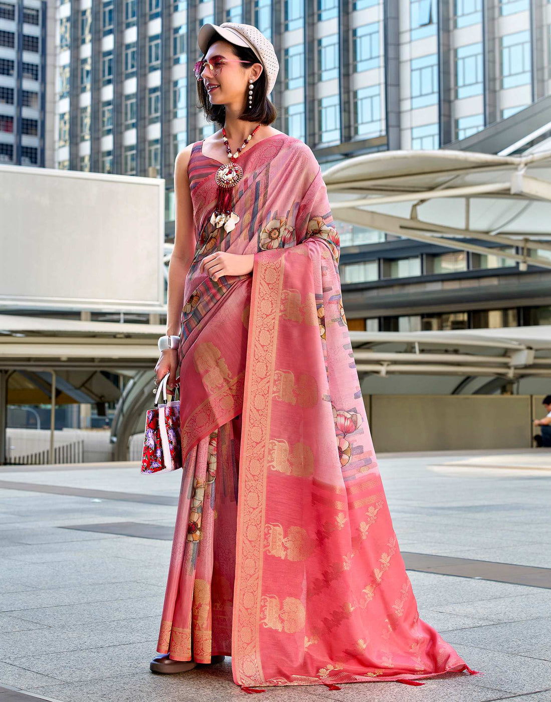 Rose Pink Silk Printed Woven Saree