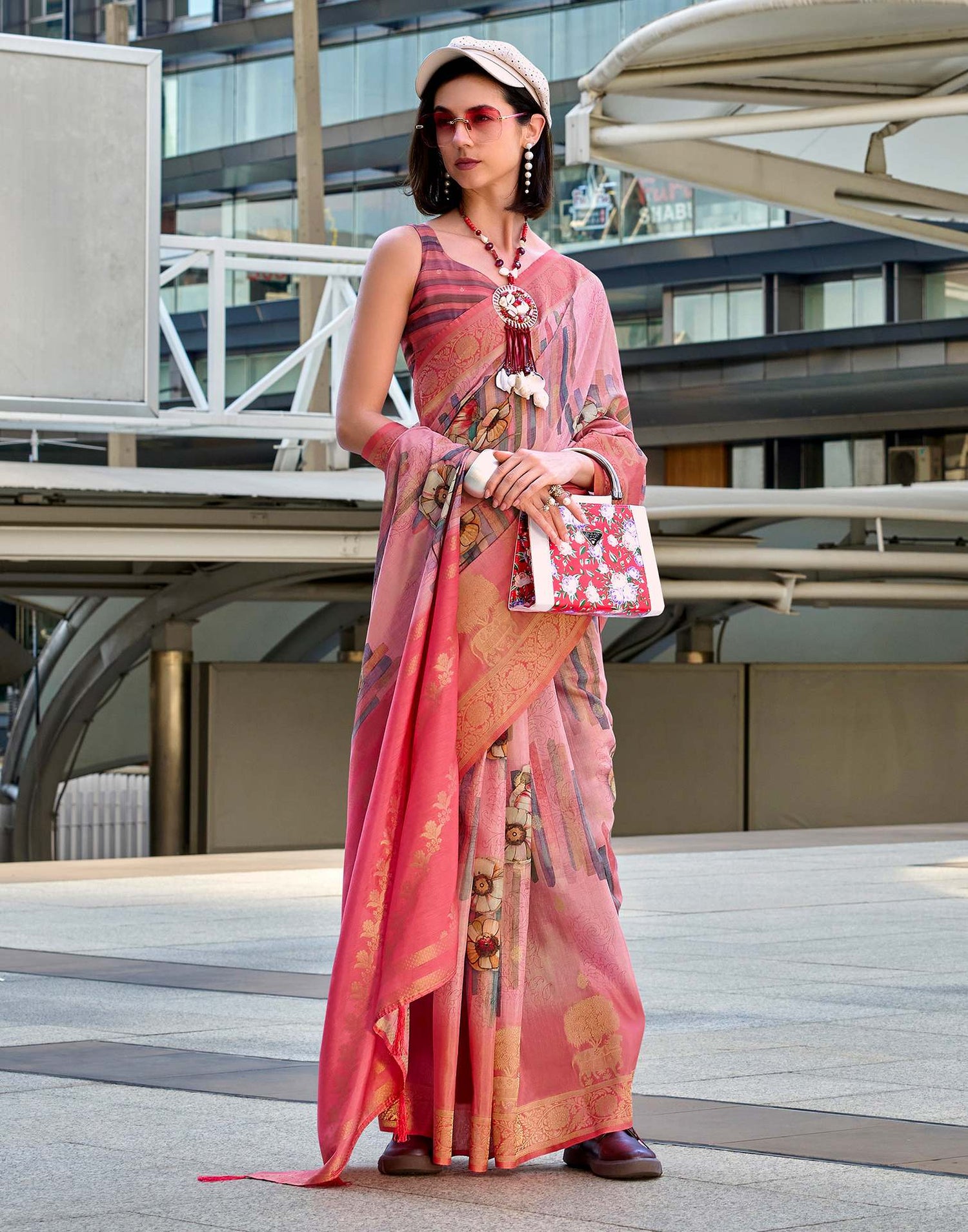 Rose Pink Silk Printed Woven Saree