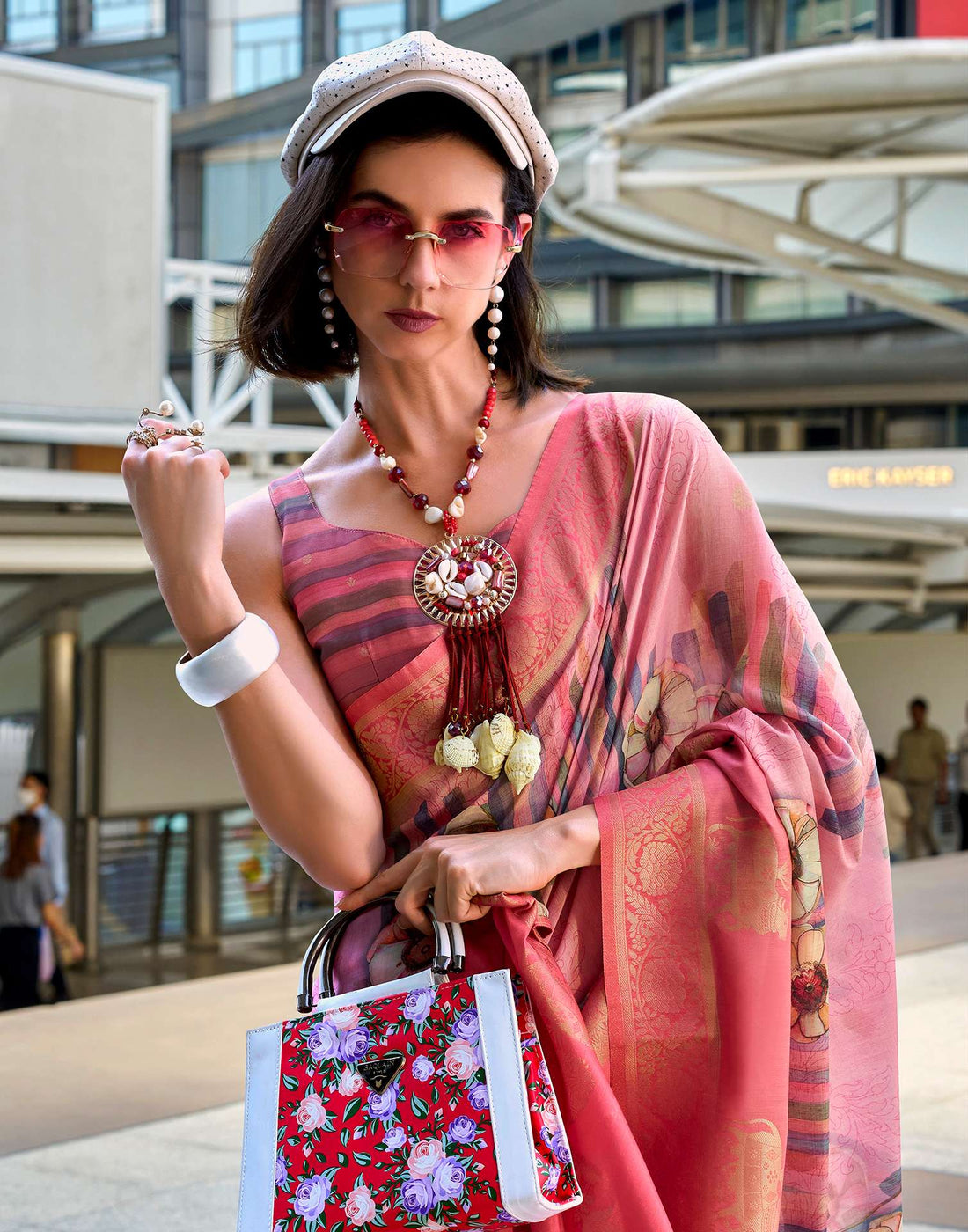Rose Pink Silk Printed Woven Saree