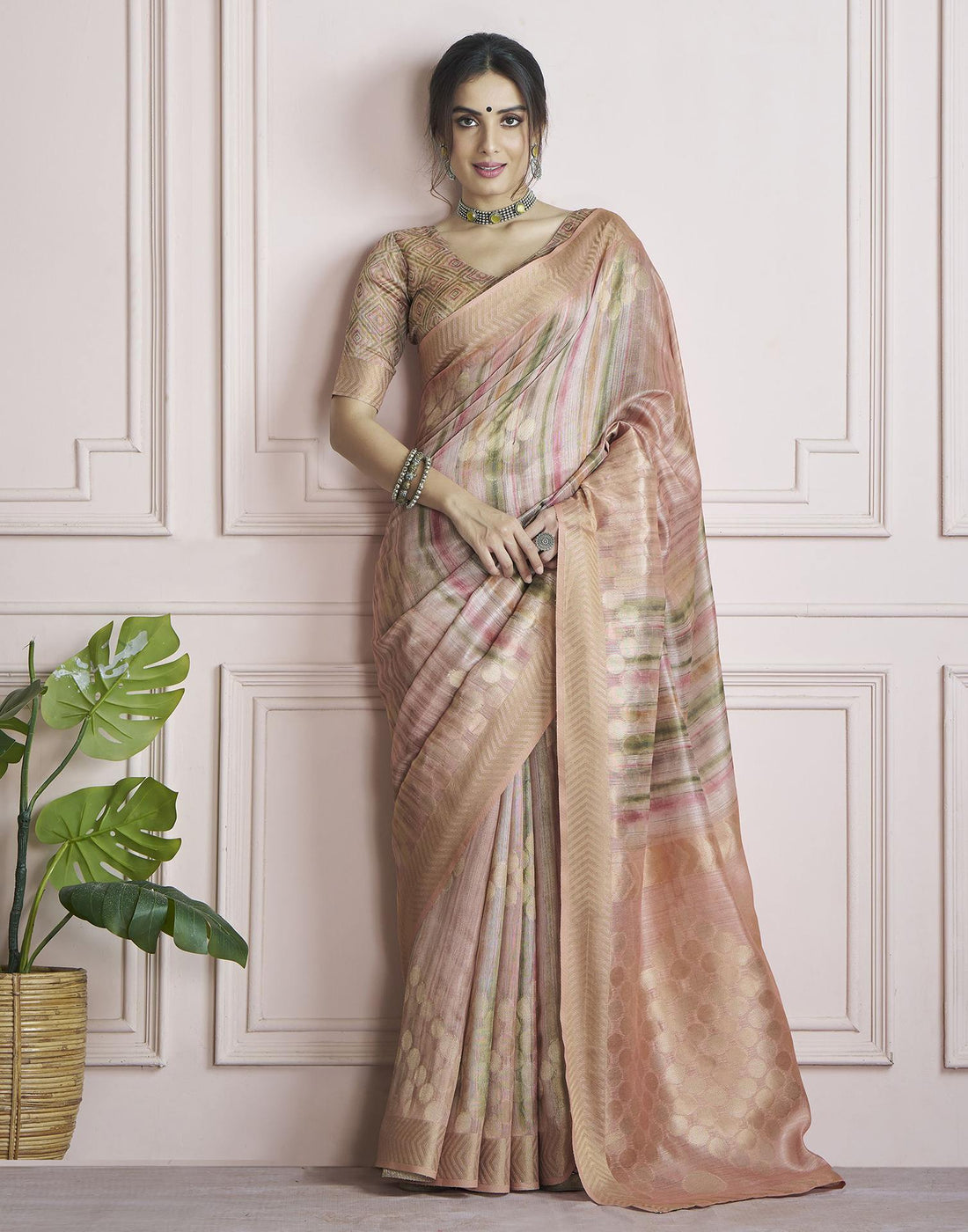 Rose Pink Khadi Printed Woven Saree