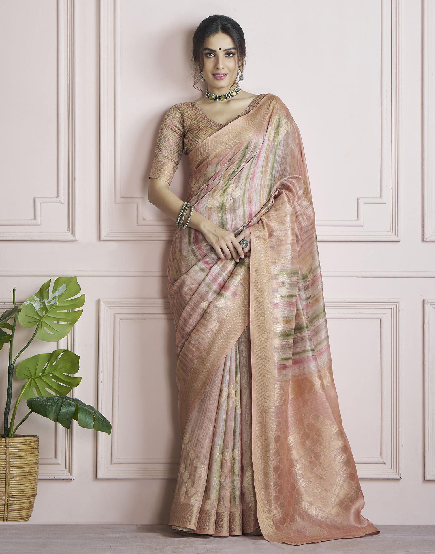 Rose Pink Khadi Printed Woven Saree
