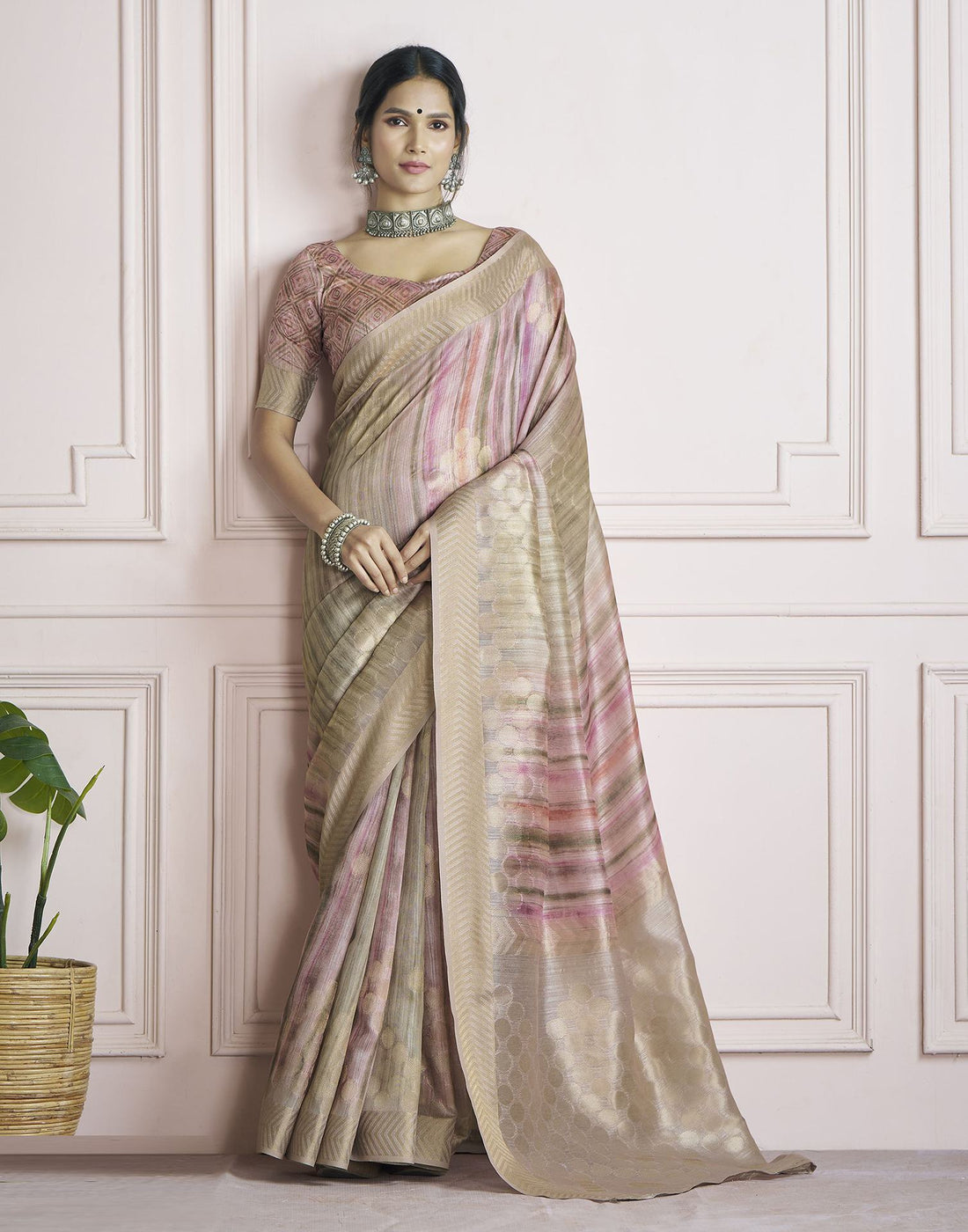 Rose Pink Khadi Printed Woven Saree