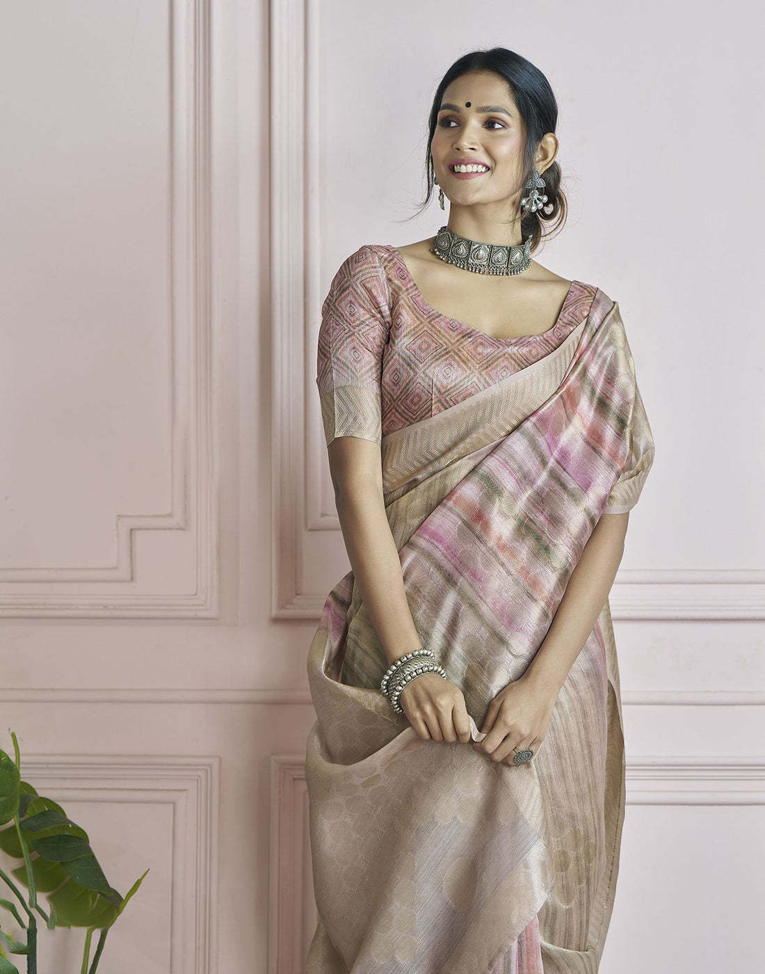 Rose Pink Khadi Printed Woven Saree