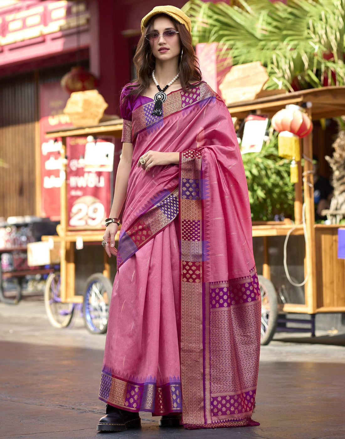 Coral Pink Silk Woven Saree